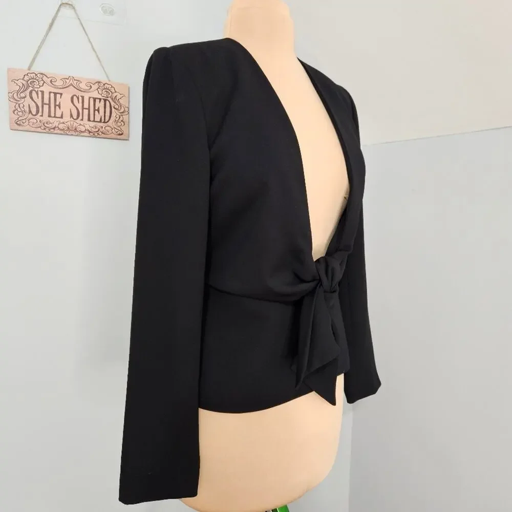 Bloomingdale’s Black Tie Front Blazer Jacket Womens Size 6 Academia Goth Minimal